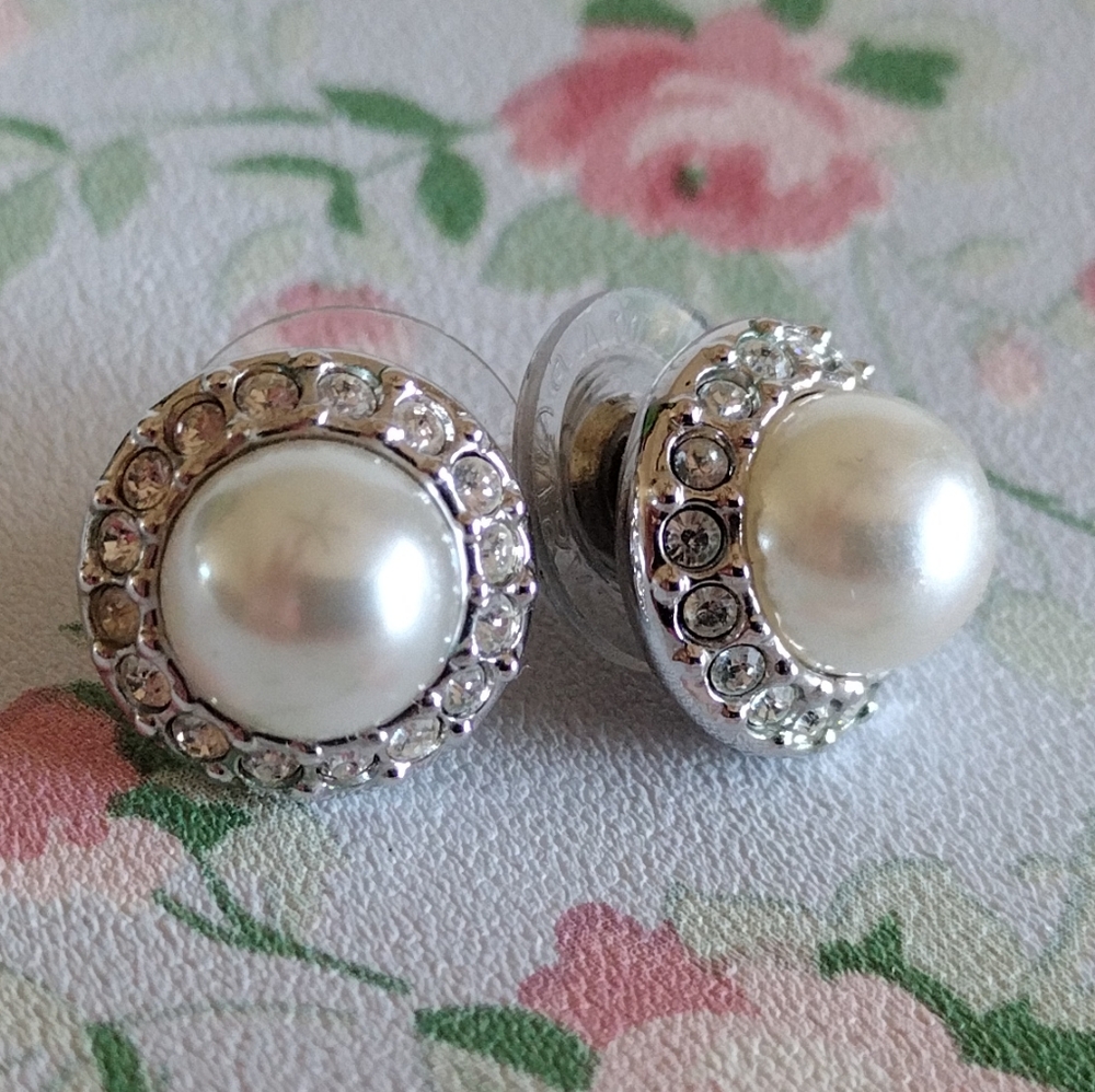 Swarovski Crystal Pearl Silver-Tone Pierced Earrings